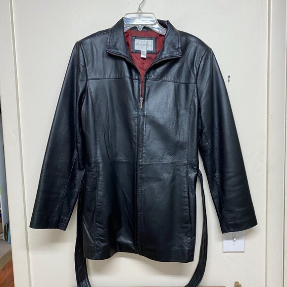 Worthington Women's Black Genuine Leather Blazer Jacket Petite Medium Belted - Picture 2 of 4